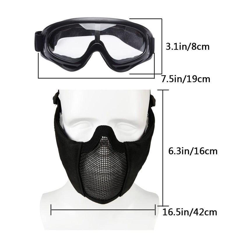 AOUTACC Airsoft Protective Gear Set, Half Face Mesh Mask with Ear Protection and Tactical Goggles for Kid Adult Men Women BBS Paintball Shooting CS Survival Games Cosplay (Black) - Image 2